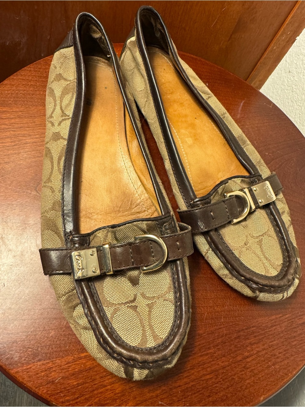 Coach Women’s Tan and Brown Signature Canvas Loafers with Gold buckle